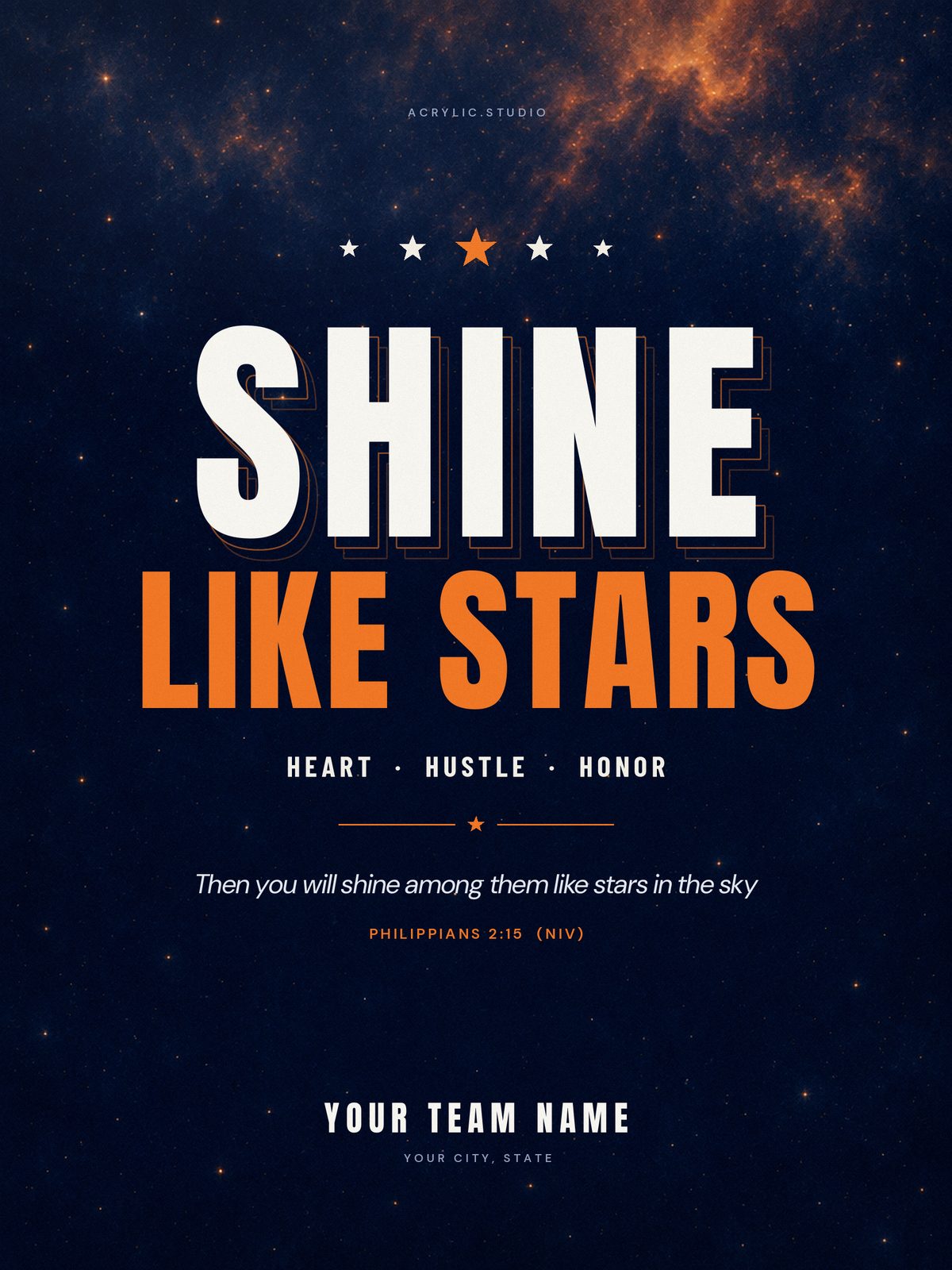 Sample team sign: Shine Like Stars with Philippians 2:15, Your Team Name, navy and orange