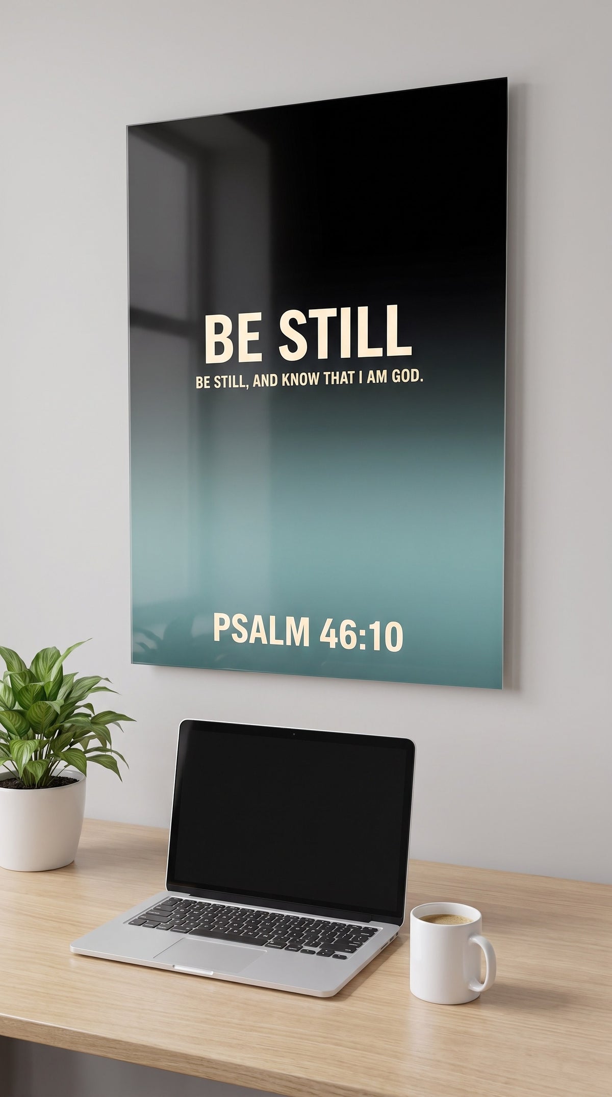 Be Still acrylic sign in a workspace