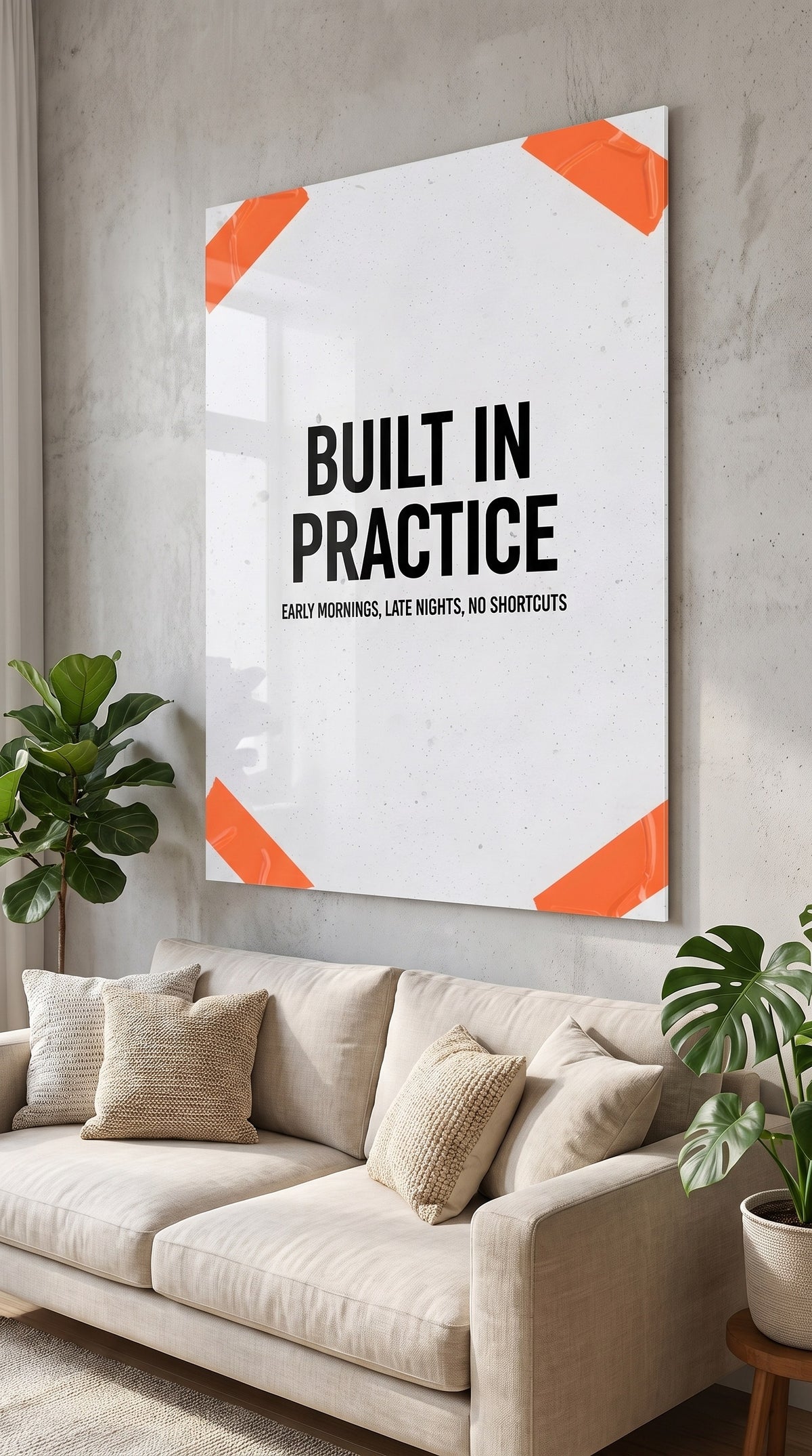 Built In Practice acrylic sign at home