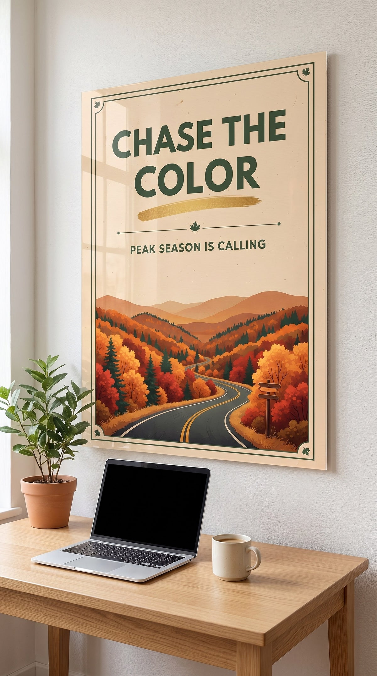 Chase The Color acrylic sign in a workspace