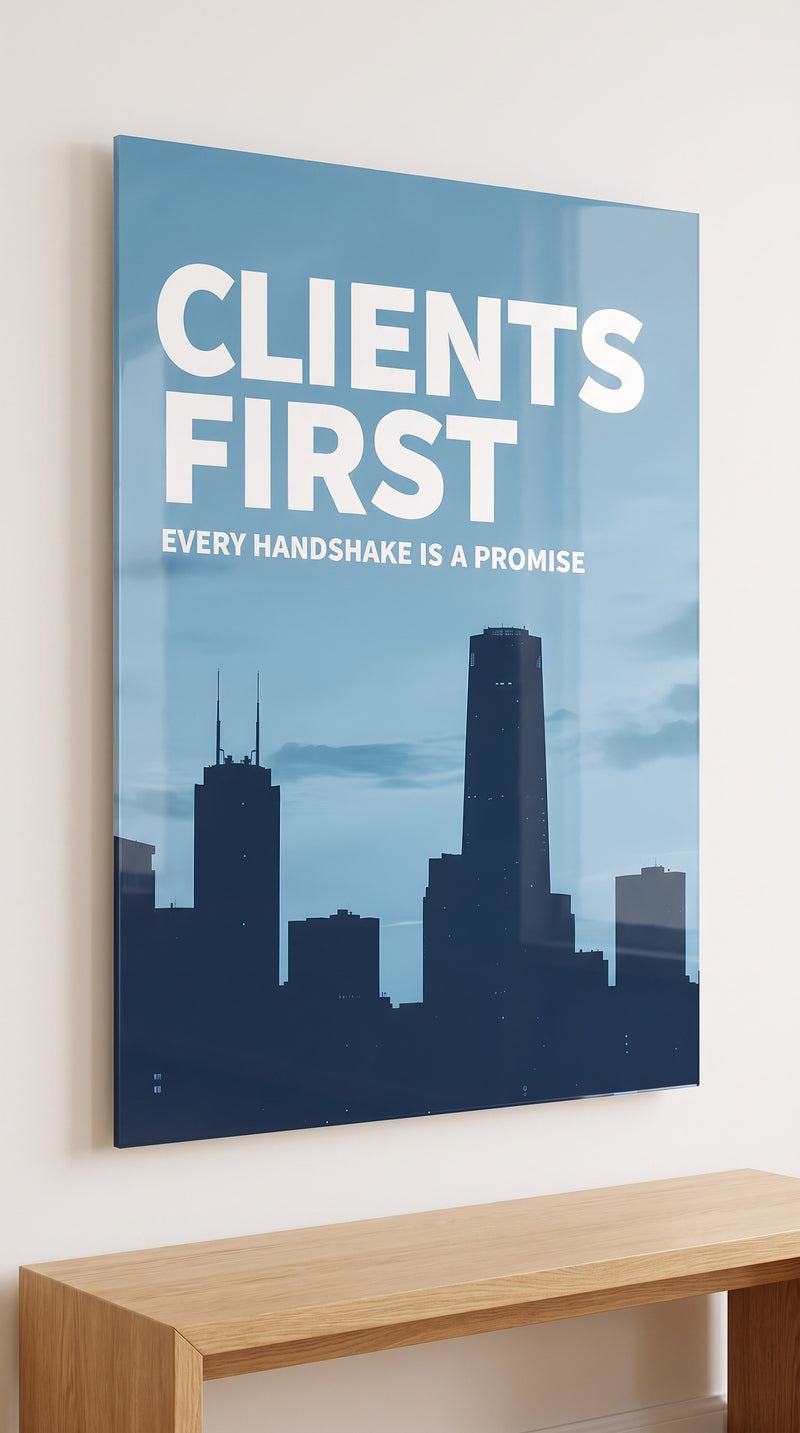 Clients First acrylic sign