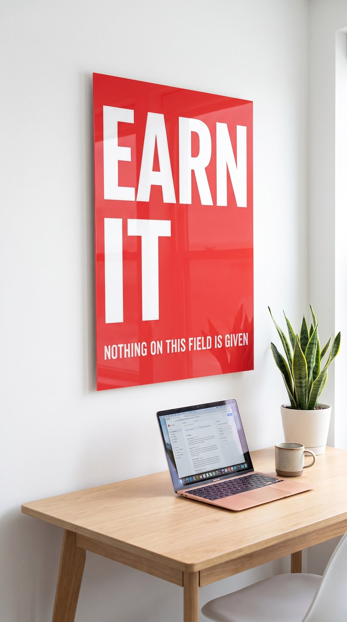 Earn It acrylic sign in a workspace