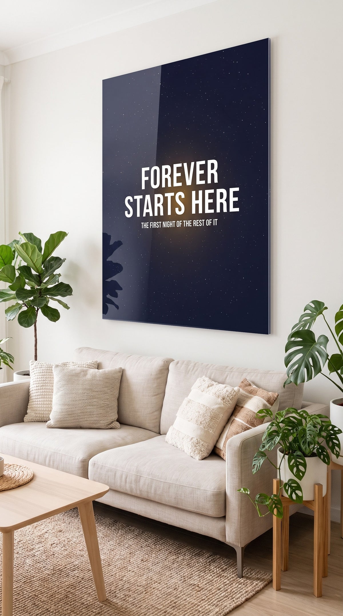 Forever Starts Here acrylic sign at home
