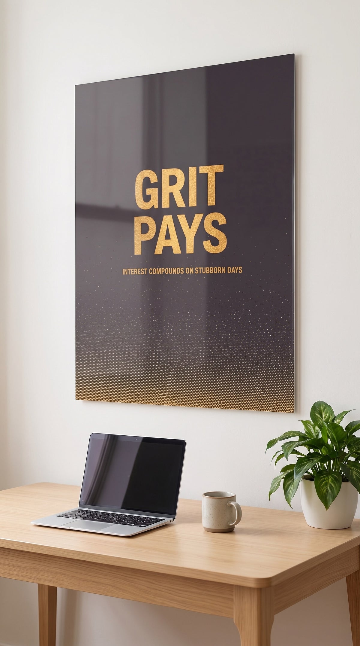 Grit Pays acrylic sign in a workspace