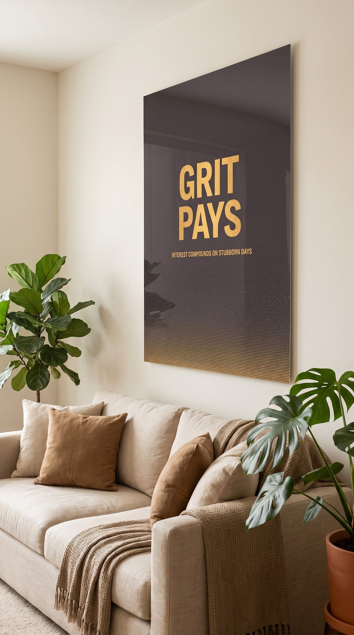 Grit Pays acrylic sign at home