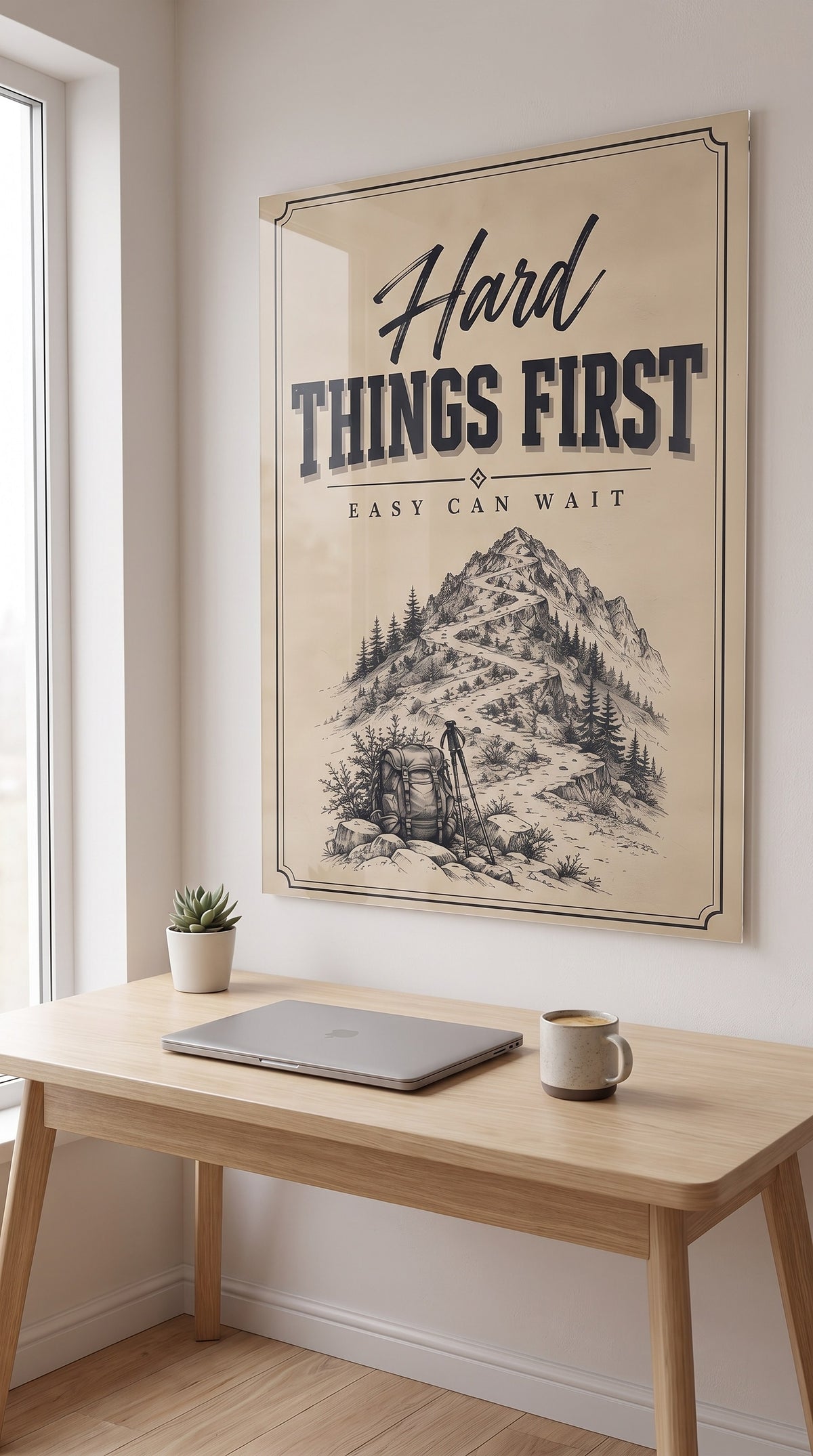 Hard Things First acrylic sign in a workspace