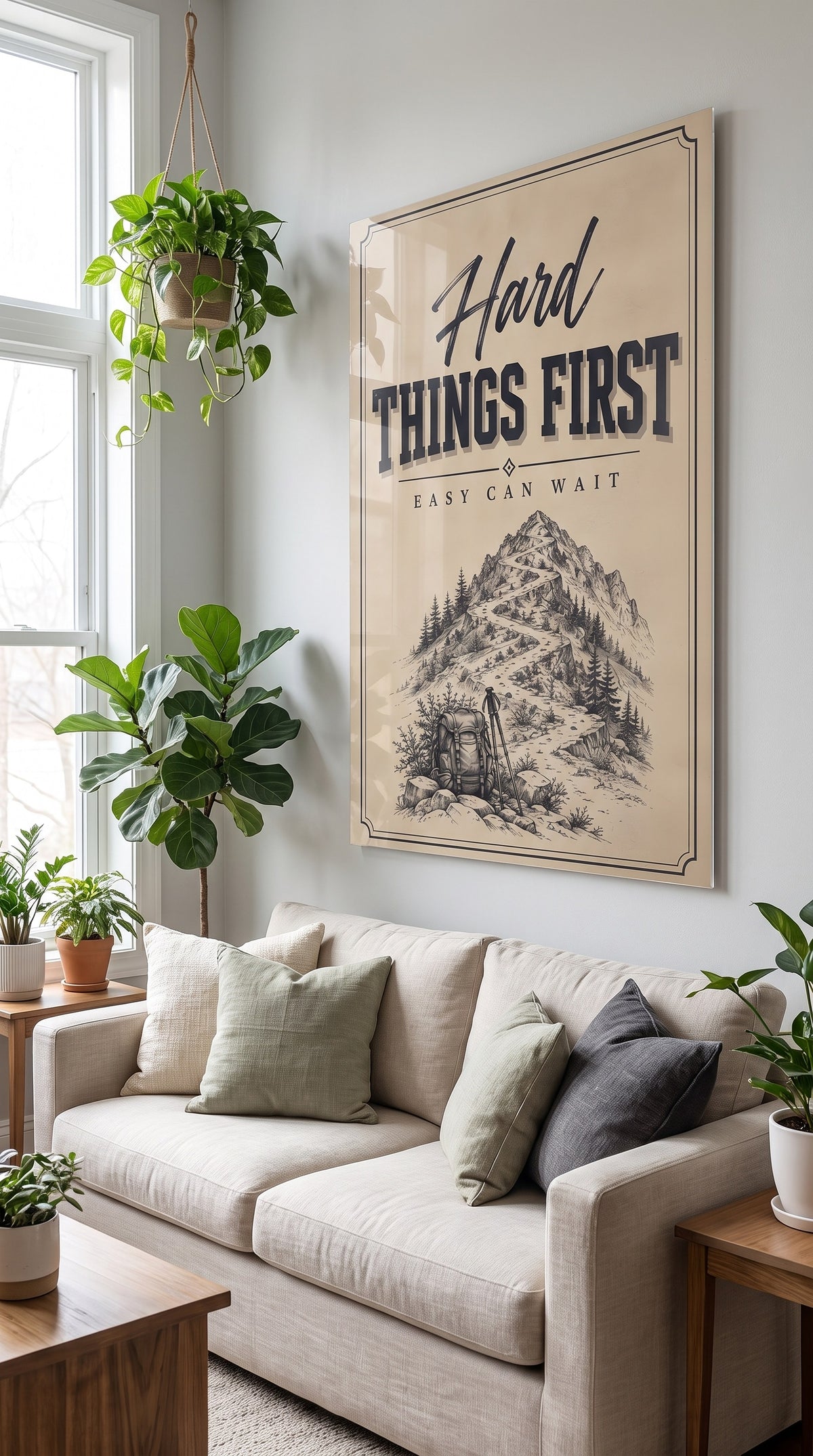Hard Things First acrylic sign at home