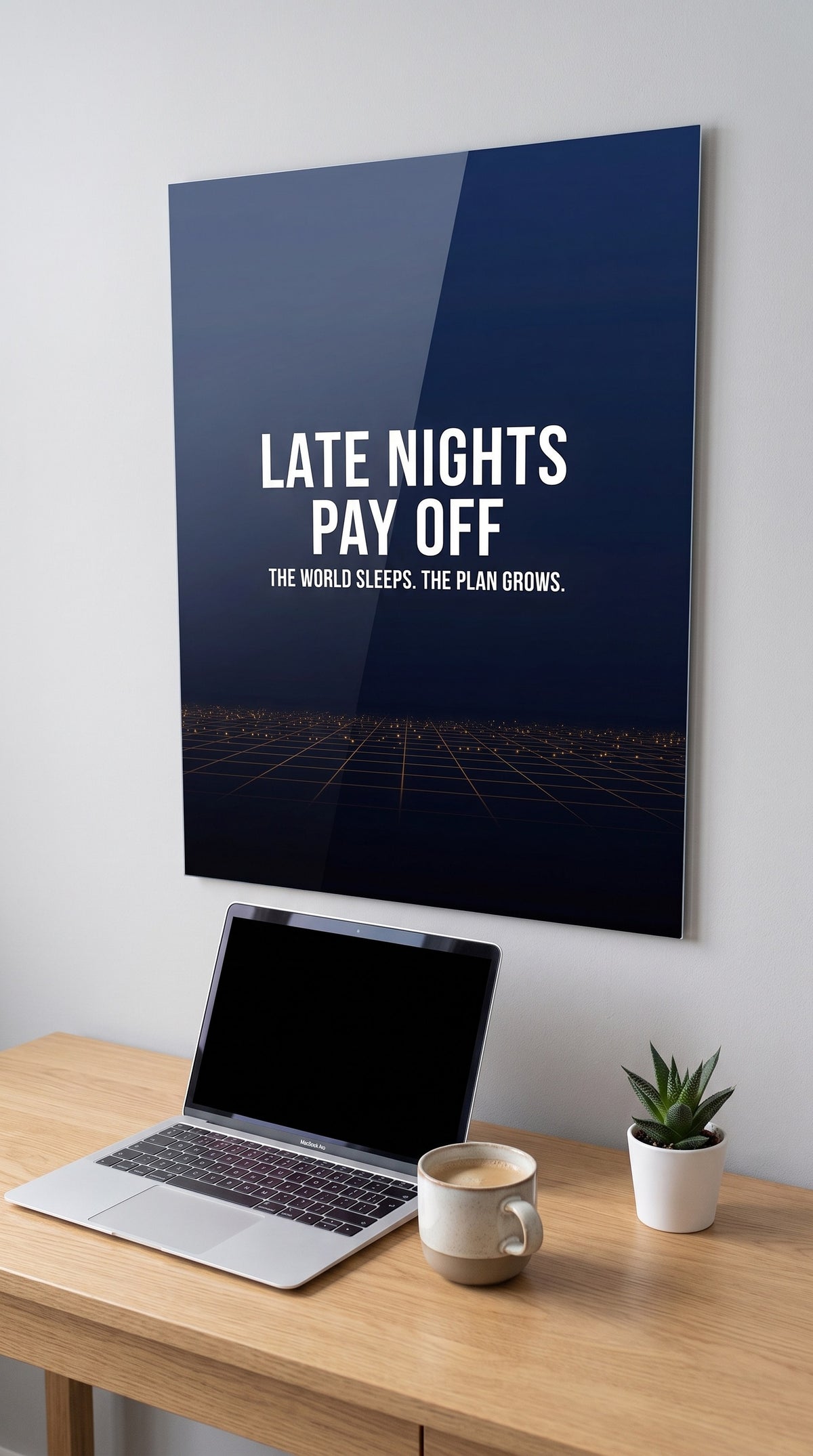 Late Nights Pay Off acrylic sign in a workspace