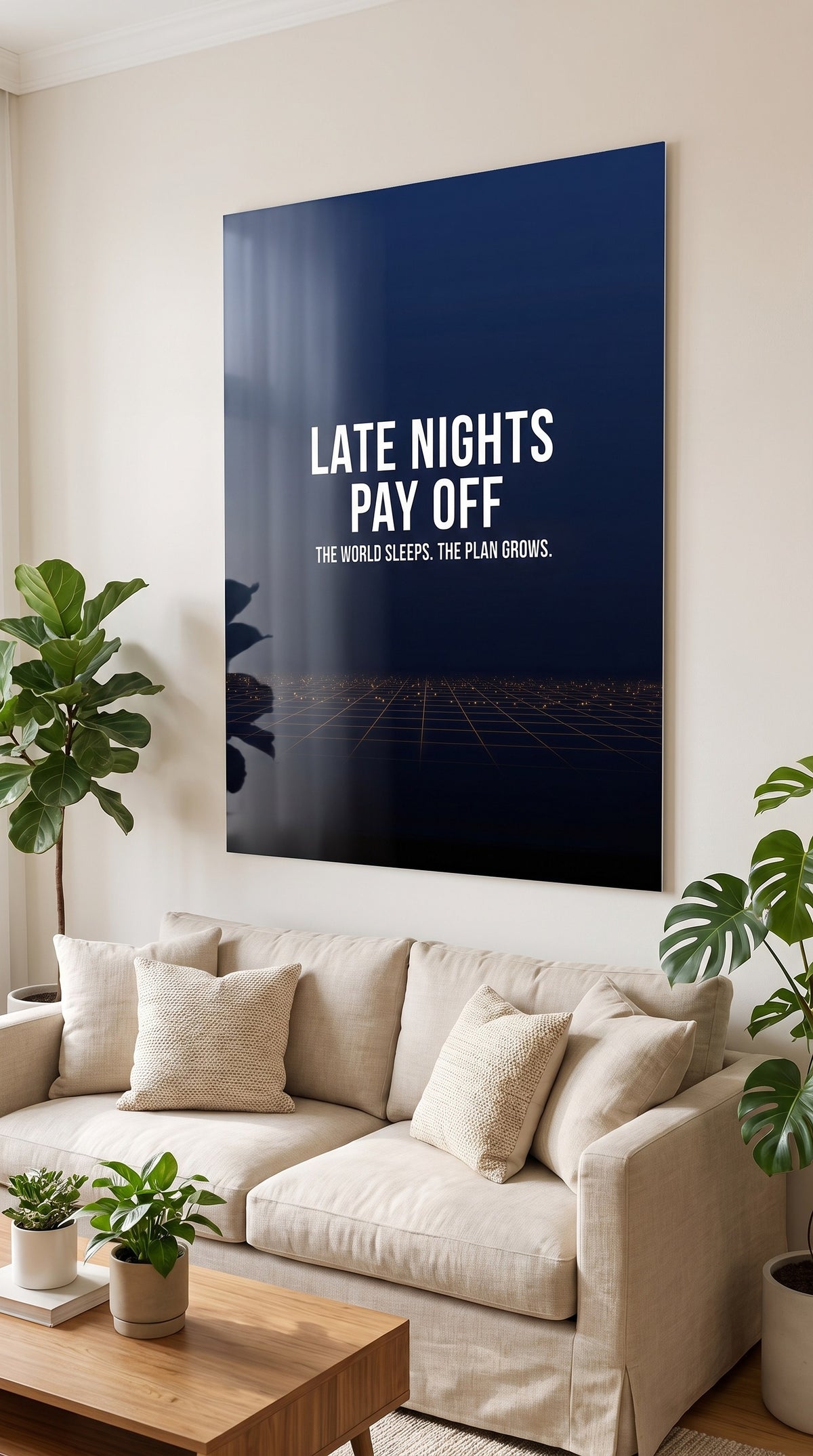 Late Nights Pay Off acrylic sign at home