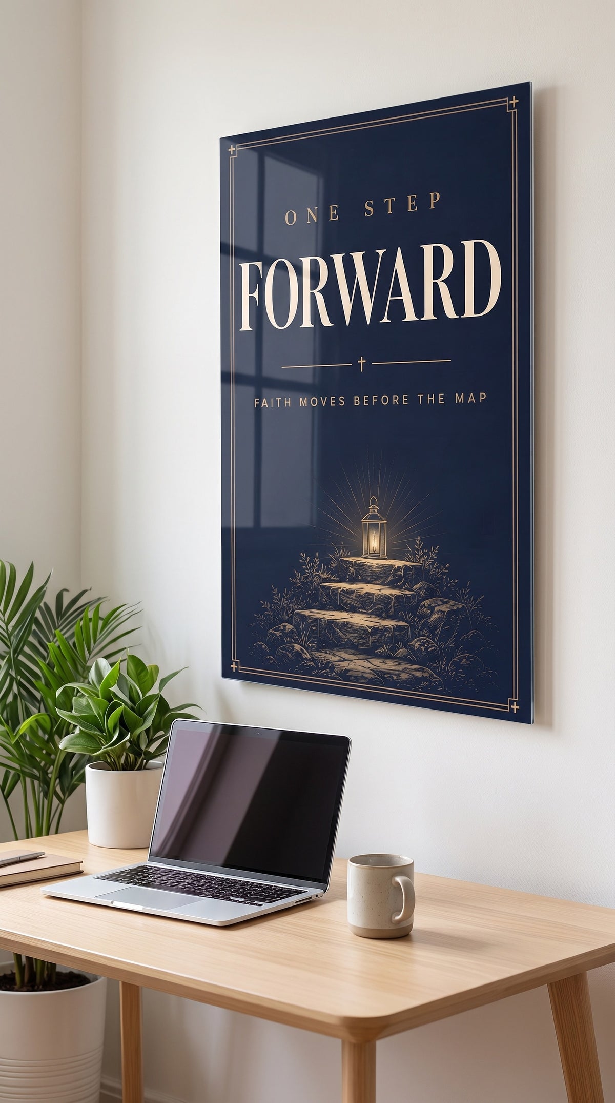 One Step Forward acrylic sign in a workspace