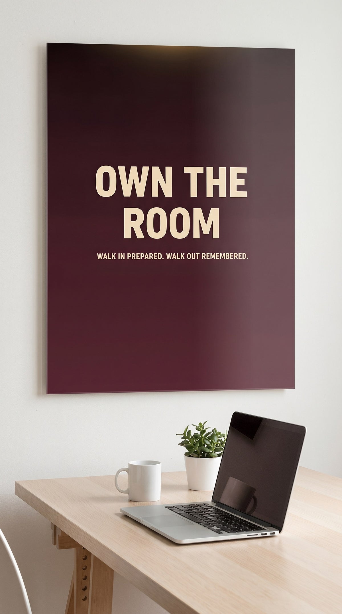 Own The Room acrylic sign in a workspace
