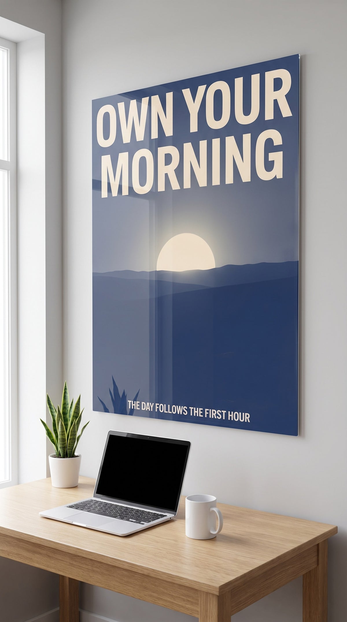 Own Your Morning acrylic sign in a workspace
