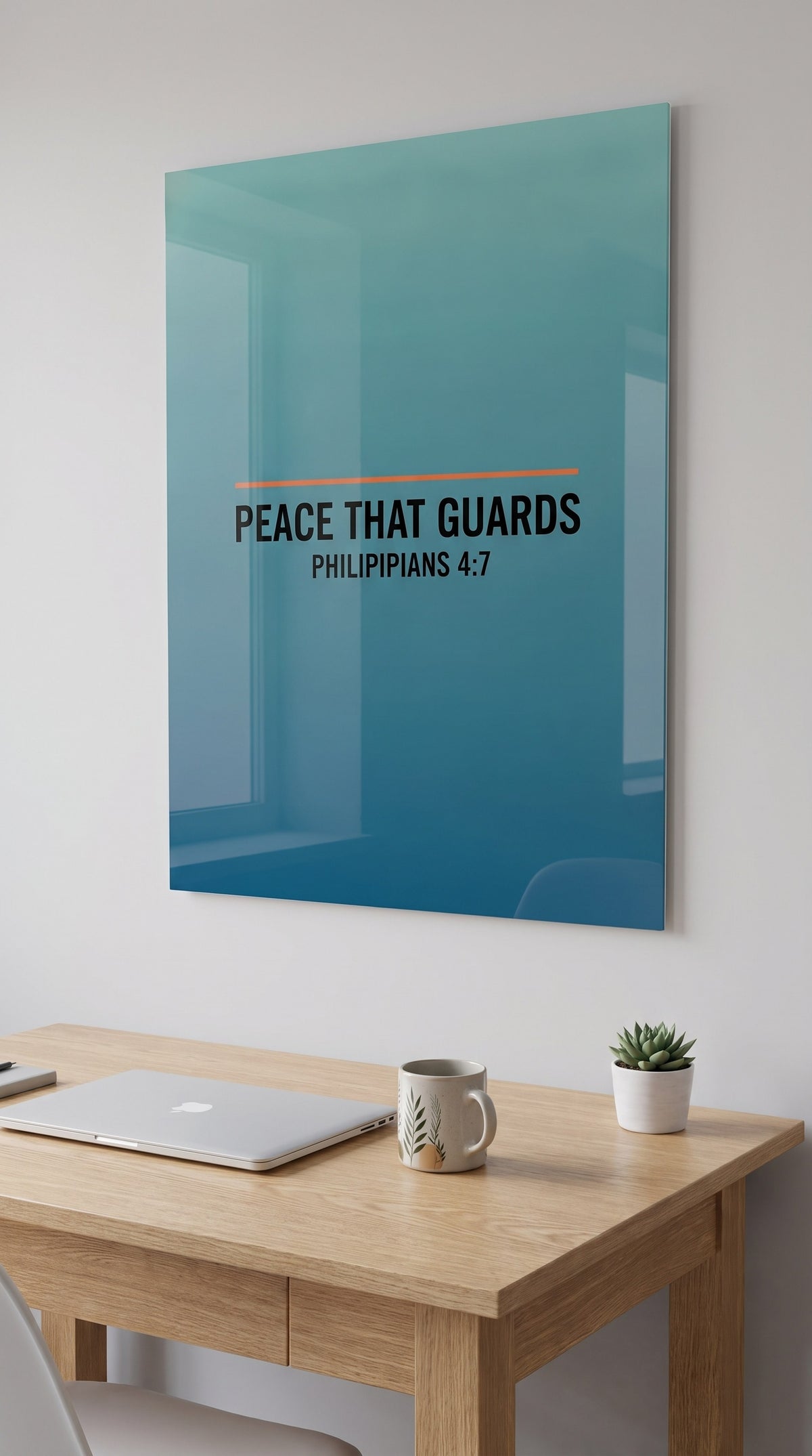 Peace That Guards acrylic sign in a workspace