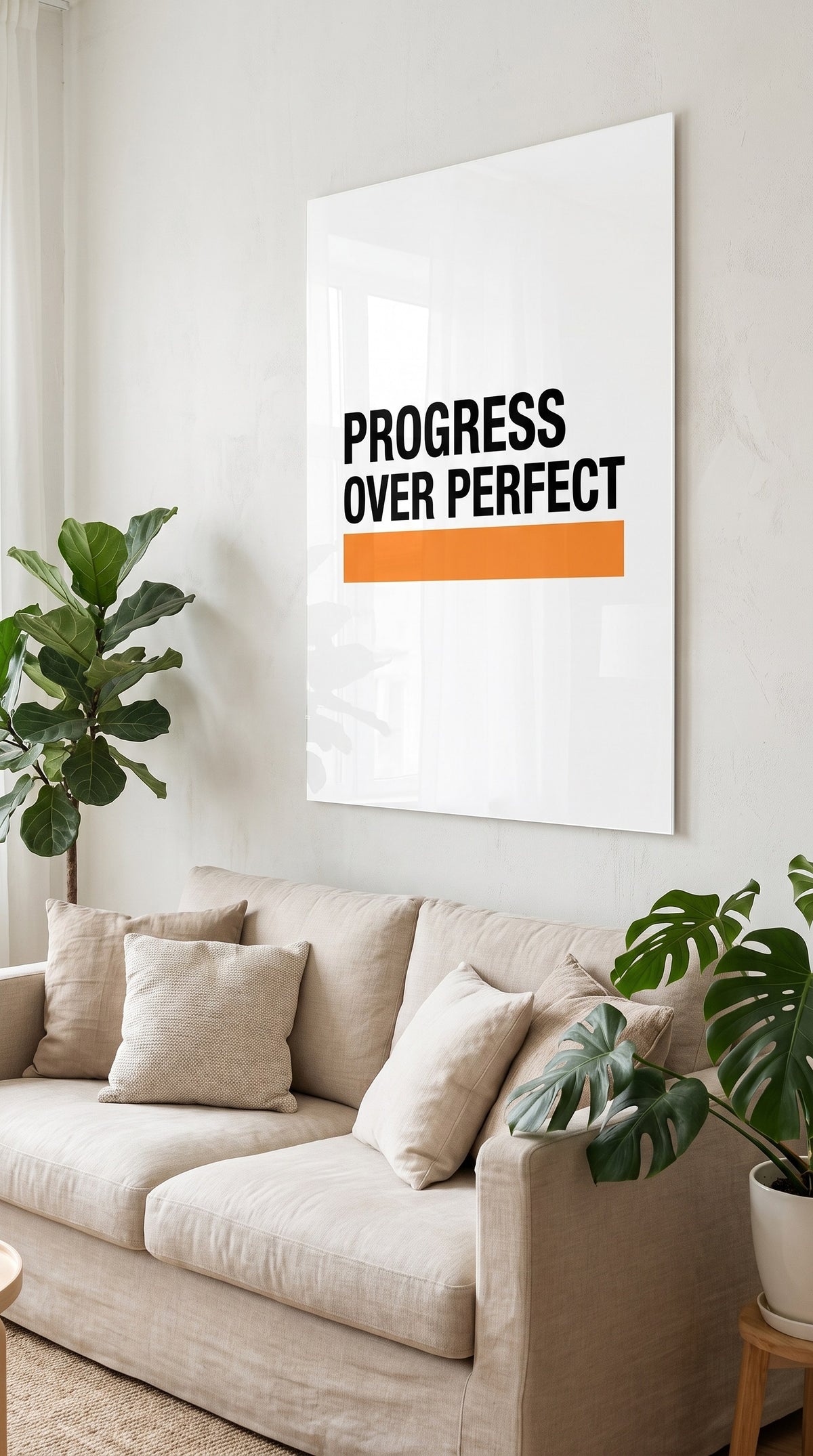 Progress Over Perfect acrylic sign at home