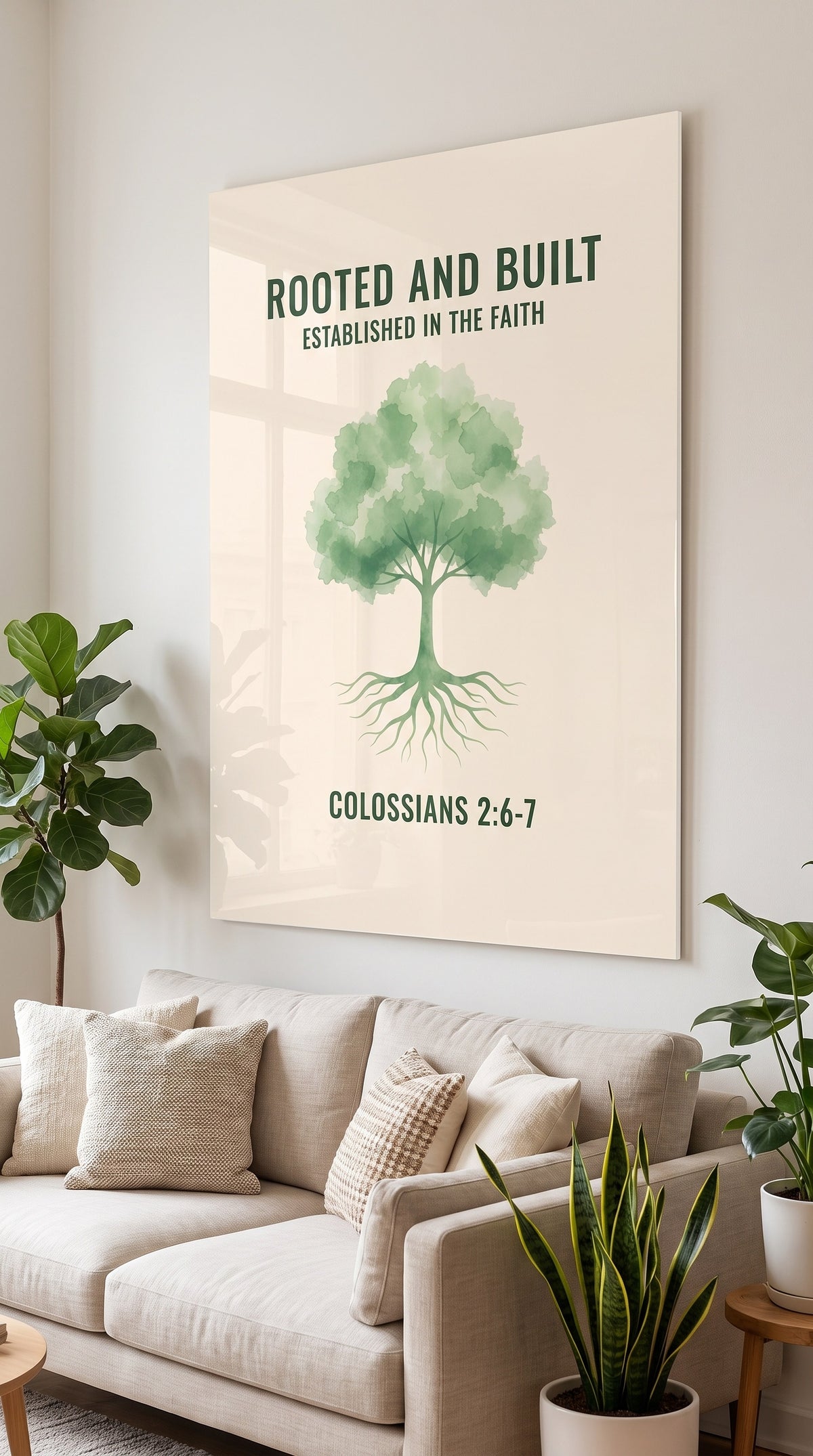 Rooted And Built acrylic sign at home