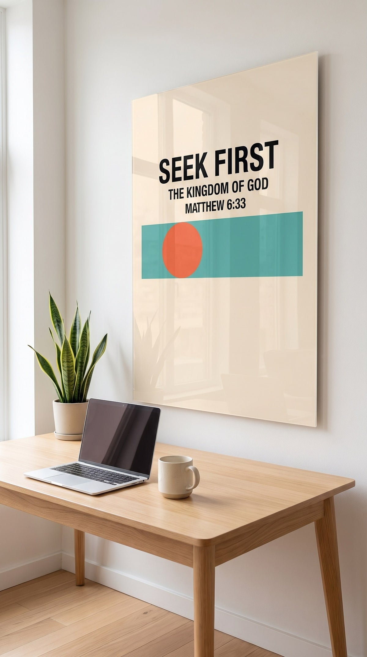 Seek First acrylic sign in a workspace