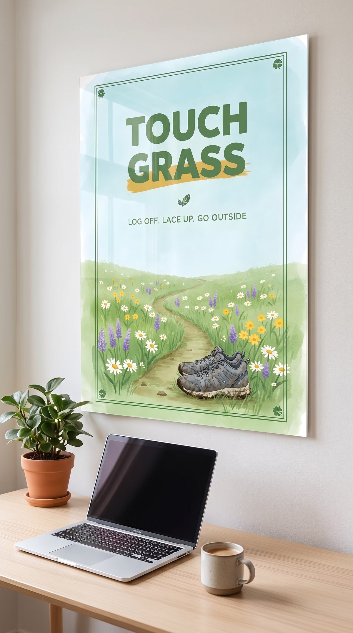 Touch Grass acrylic sign in a workspace