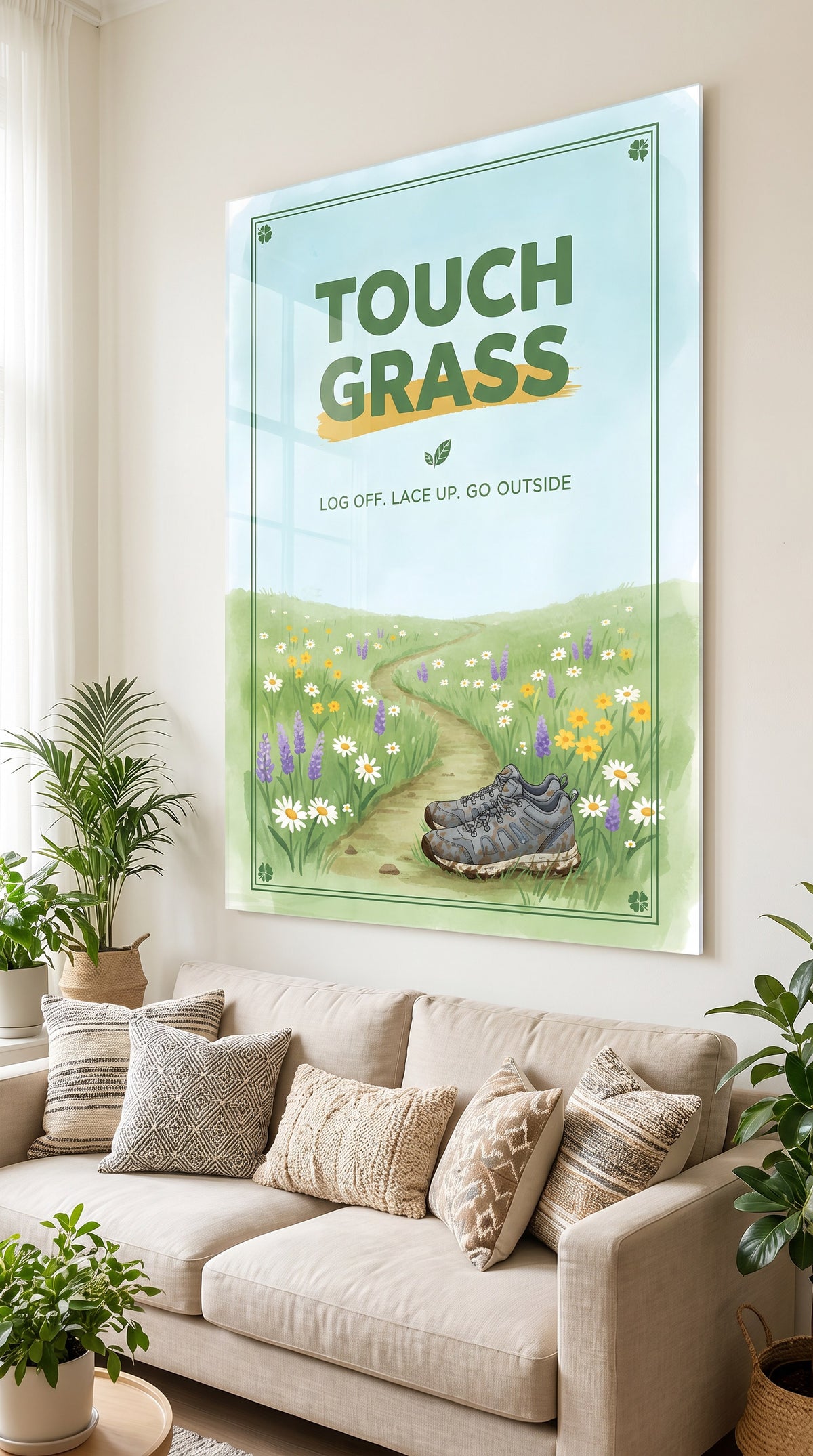Touch Grass acrylic sign at home