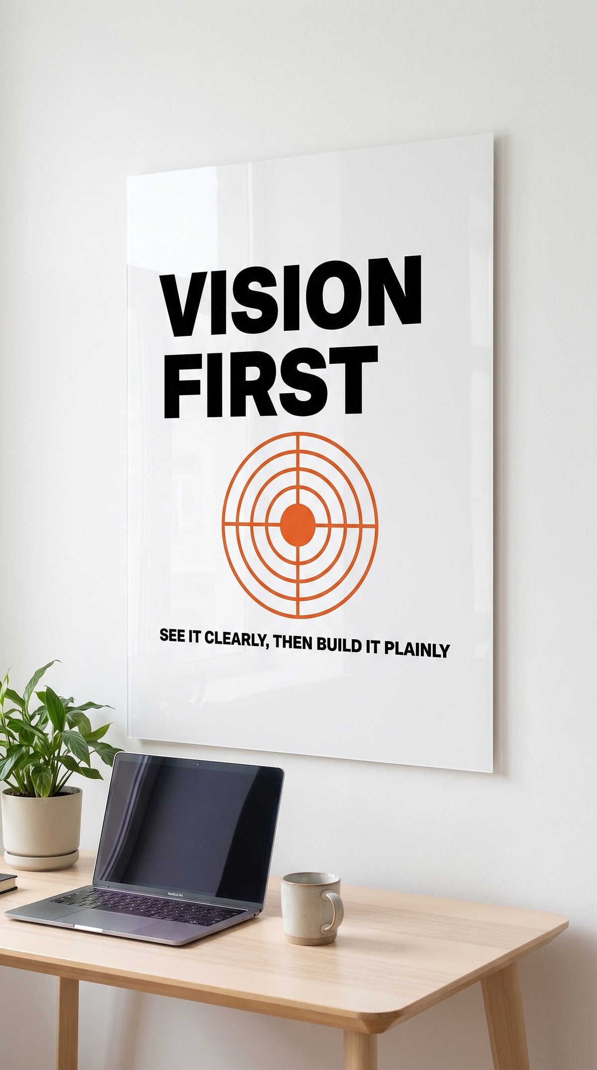 Vision First acrylic sign in a workspace