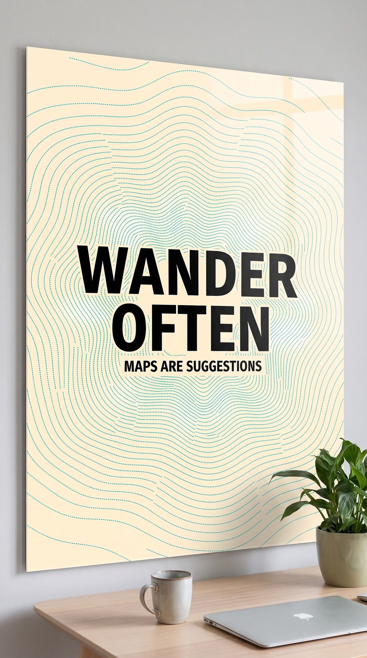 Wander Often acrylic sign in a workspace