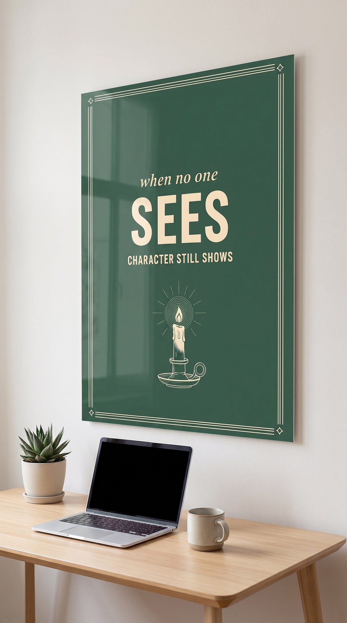When No One Sees acrylic sign in a workspace
