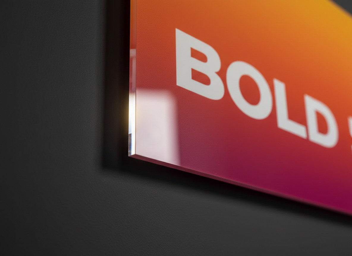 Close-up of the polished edge of a frameless acrylic sign floating off a dark wall